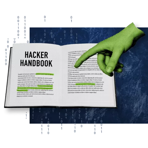 Mockup of Hacker Handbook with hand pointing at text