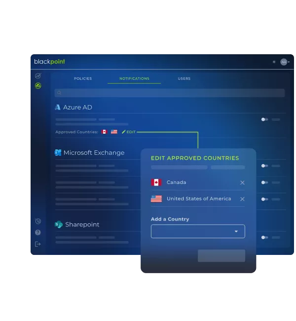 Cloud Response portal mockup showing list of approved countries to receive notifications