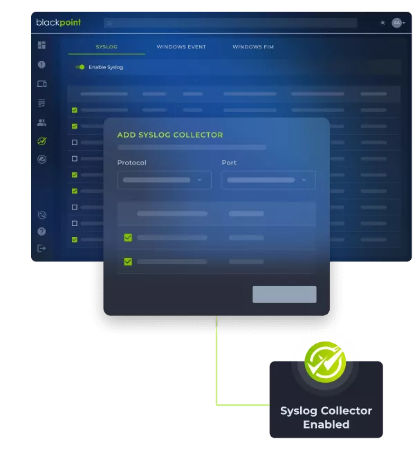 Blackpoint Cyber ui syslog settings with compliance check marks